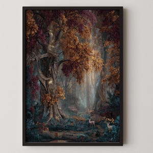 Enchanted Forest Wall Art | Mystical Deer Woodland Print | Autumn Fantasy Landscape | Medieval Tapestry Style Decor | Large Vintage Woven