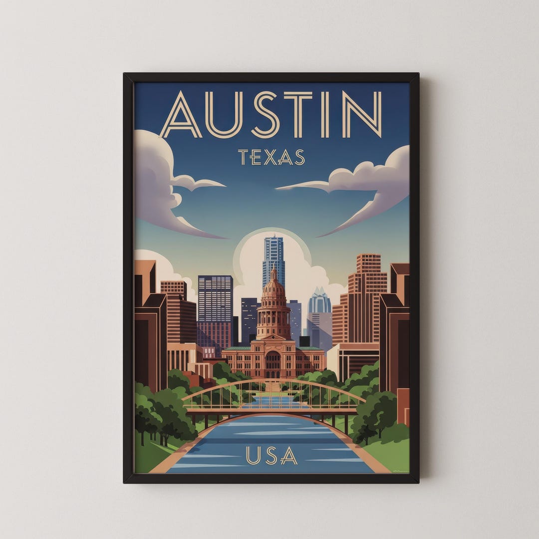 Vintage Austin Texas Travel Poster Print, Art Deco City Skyline Wall ...