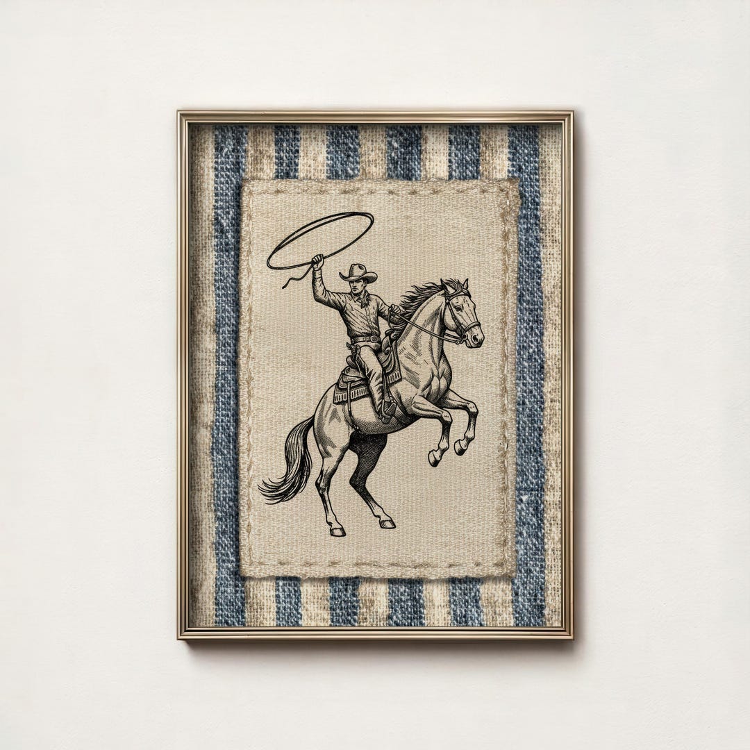 Vintage Cowboy Horse Art Print, Western Denim Wall Decor (digital ...