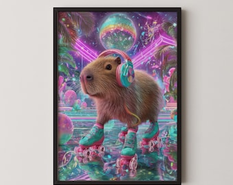 Neon Capybara Roller Skating with Headphones Digital Art Print