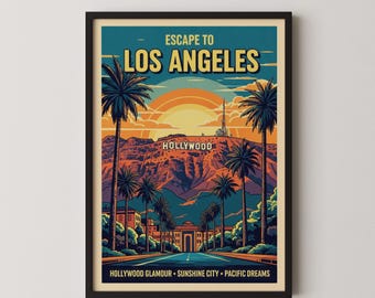 Retro Los Angeles Travel Poster with Hollywood Sign Digital Print