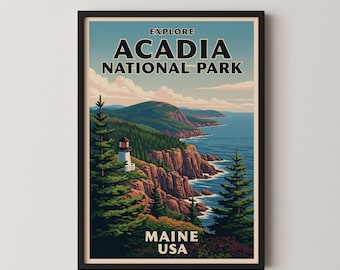 Póster de viaje vintage del Parque Nacional Acadia, lámina decorativa de la costa de Maine, descarga digital.