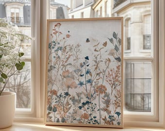 Lámina vintage de flores silvestres, arte mural botánico en tonos suaves para decoración cottagecore, descarga digital.