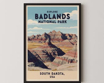 Vintage Badlands National Park Travel Poster, South Dakota Wall Art, Retro Americana Digital Download
