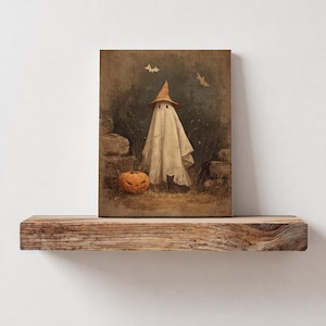 Vintage Halloween-spookprint, schattig spookachtig spook met heksenhoed en pompoen muurkunst, gezellig herfstdecor, digitale download