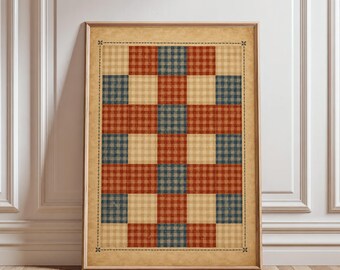 Vintage Plaid Quilt Print, Rustic Checkered Fabric Wall Art, Country Farmhouse Kitchen Poster, Patriotic Red Blue Beige, Digital Download
