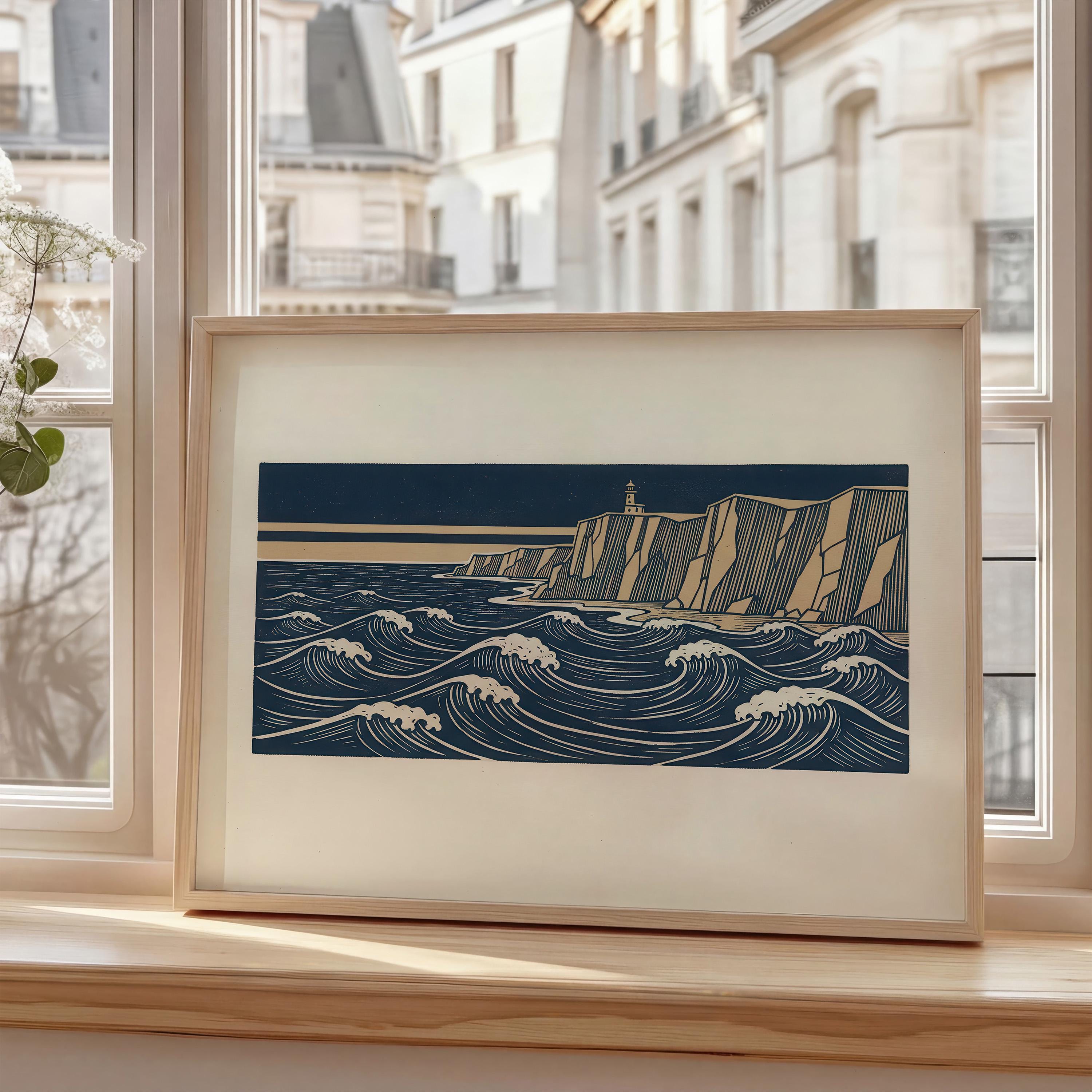 Vintage Woodcut Ocean Waves Print Nautical Lighthouse Cliff Wall