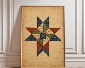 Vintage Quilt Star Print, Primitive Patchwork Wall Art, Americana Folk Art Poster, Country Farmhouse Decor, Handmade Textile Gift (Digital D
