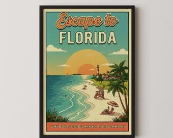 Vintage Florida Travel Poster, Florida Beach Wall Art Print, Retro Coastal Decor Digital Download