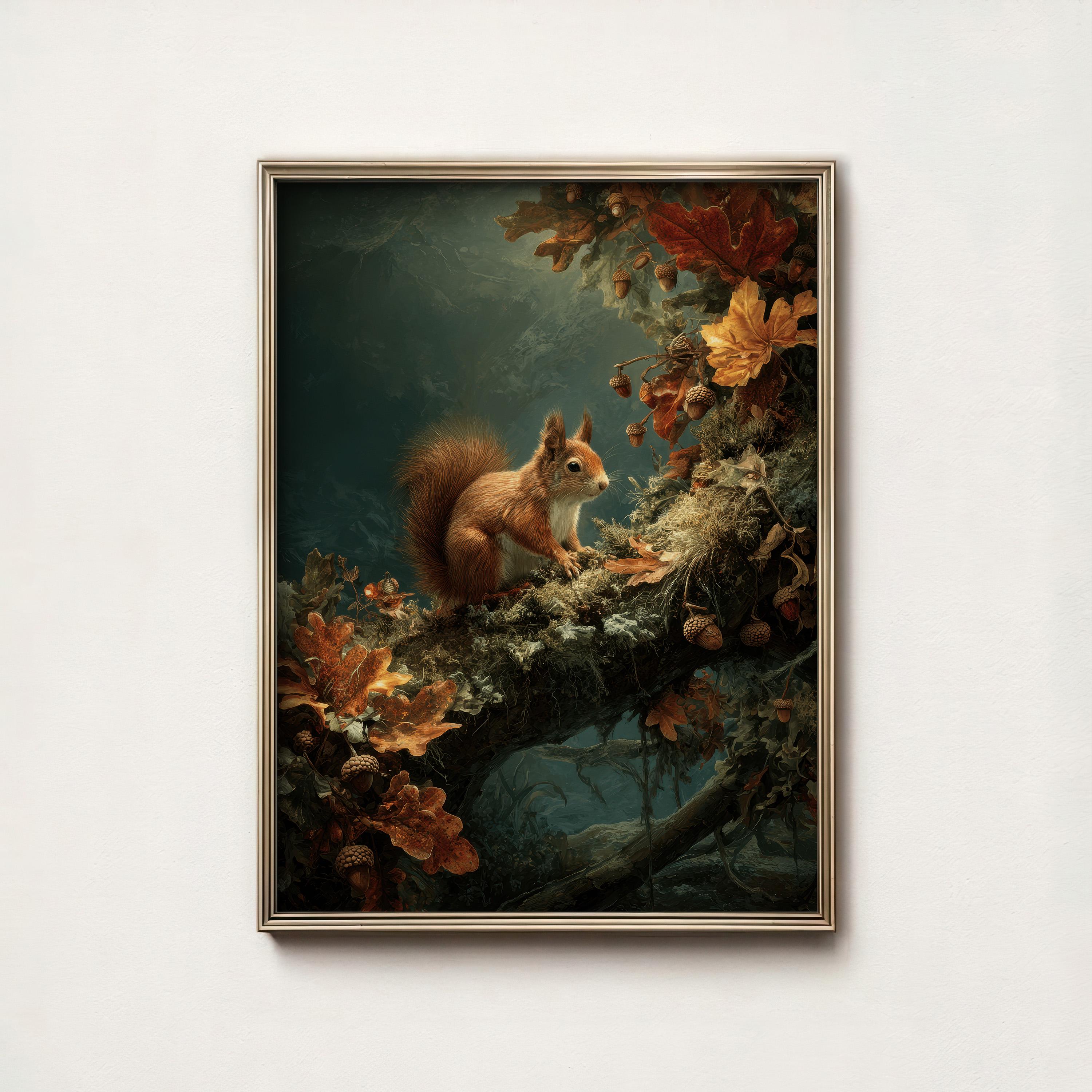 Moody Ethereal Autumn Red Squirrel Oak Tree Branch Forest Wall Art