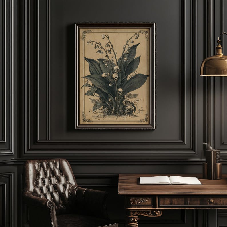 Gothic wall art depicting a unique floral arrangement with human skulls, rendered in an etching style.