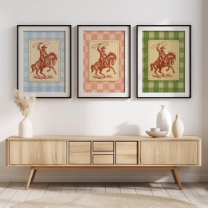 Vintage Cowboy Rodeo Art Prints: Gingham Western Wanddekoration (Digitaler Download 3er Set)