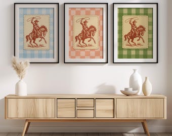 Vintage Cowboy Rodeo Prints, Western Nursery Wall Art Set of 3, Gingham Cowgirl Decor, Digital Download