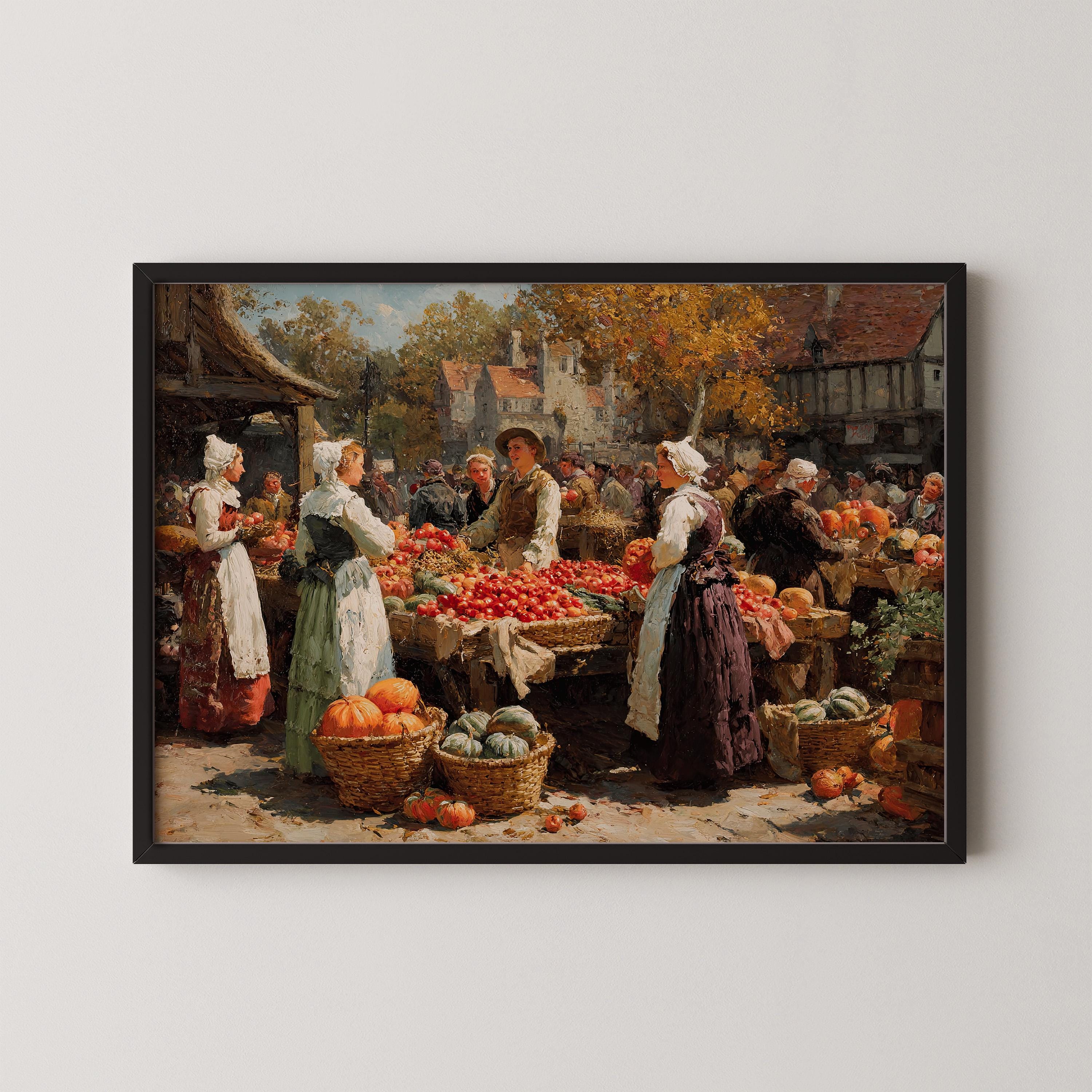 秋の収穫市場の絵画プリント：ヴィンテージヨーロッパ農家風ウォール