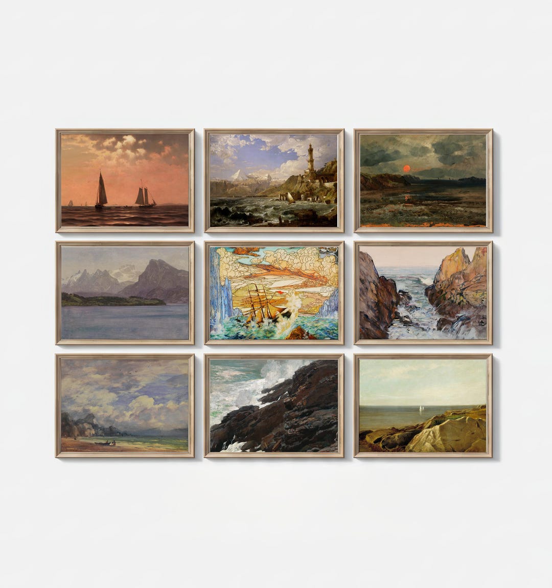 Vintage Coastal Gallery Wall Art Set Nautical Ocean Prints Set of 9 ...