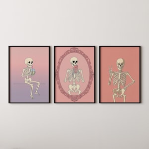 Pink Halloween Skeleton Art Print Set: Pastel Goth Decor (Digital Download