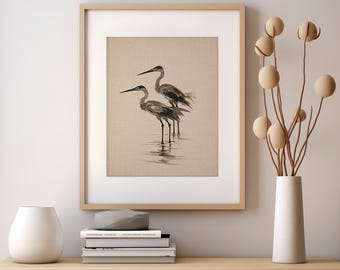 Vintage Blue Heron Wall Art Print, Coastal Bird Poster, Beach House Decor, Digital Download