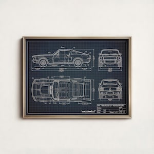 May include: Framed blueprint of a 1960s muscle car, featuring side, front, top, and rear views. The technical drawing is in white on a dark blue grid background, with a gold frame. Includes text: "1960s Muscle Car - Technical Blueprint."