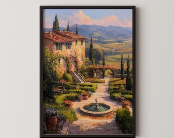田村和代「トスカーナ」風景画 イタリア風景 岩彩調 額装 装飾画 #392 トスカーナ イタリア 風景画 壁アート 地中海 村 絵画 ヴィンテージ 壁