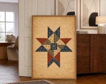 Vintage Quilt Star | Primitive Patchwork Style | Farmhouse Living Room | Wall Art Print