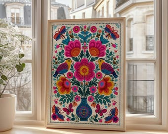 Colorful Mexican Folk Art Wall Art with Birds and Flowers, Otomi Inspired Digital Print