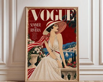 Vintage Vogue Summer in Riviera Poster, 1928 Fashion Travel Wall Art, Art Deco Woman Print, Coastal Glam Decor, Gift for Her