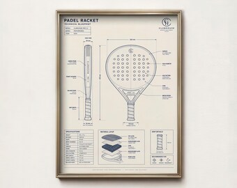 Vintage Padel Racket Blueprint Print, Sports Wall Art, Man Cave Decor, Digital Download