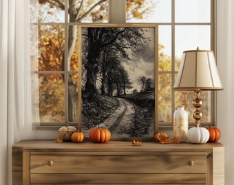 Rustic Forest Path Charcoal Sketch Print: Sepia Autumn Landscape