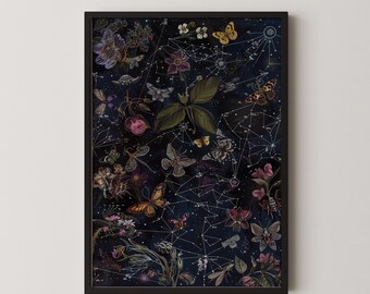 Moody Celestial Botanical Art Print with Vintage Moths and Constellations