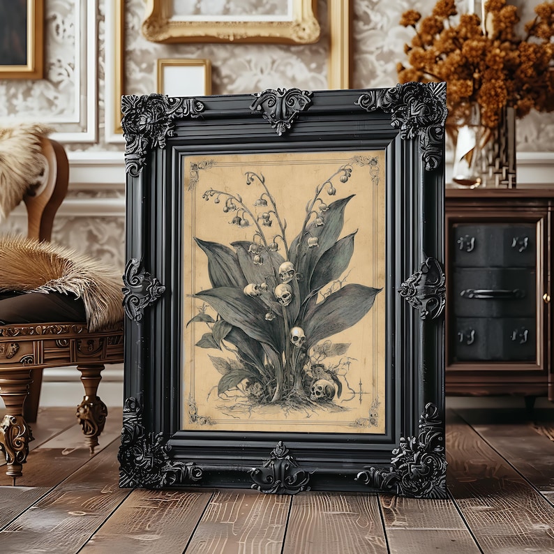 Digital download featuring a vintage-inspired design of skull blossoms, suitable for gothic home accents.