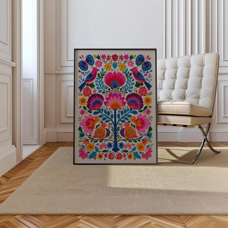 Mexican Folk Art Print Colorful Birds and Flowers, Bohemian Tree of ...