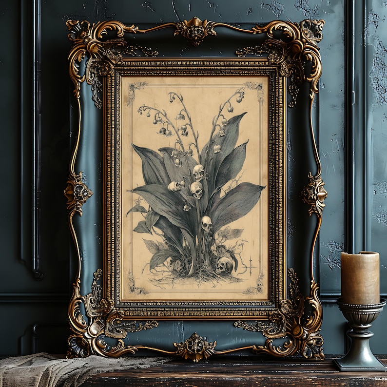 Conceptual art print merging botanical elements with human skulls, evoking a hauntingly beautiful theme.