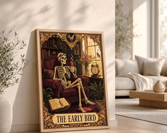 Funny Skeleton Tarot Print, Early Bird Coffee Decor, Gothic Dark Academia Wall Art, Digital Download