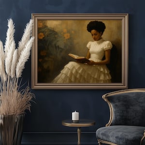 Vintage Female Portrait Printable – Elegant Black Woman Reading | Moody Oil Painting Art Print | Victorian Aesthetic Wall Decor