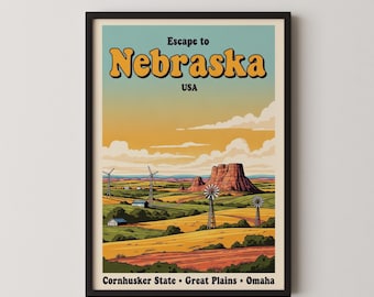 Vintage Nebraska Travel Poster, Retro Wall Art of The Cornhusker State for Instant Download