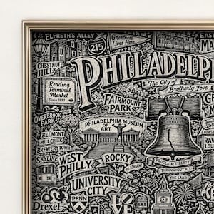 May include: A framed black and white art print featuring a detailed map of Philadelphia. The illustration includes landmarks like the Liberty Bell, the Philadelphia Museum of Art, and text labels for neighborhoods such as West Philly and Chestnut Hill.