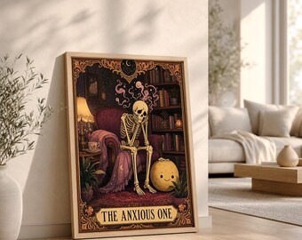 The Anxious One Tarot Card Print, Funny Skeleton Stress Art, Dark Academia Gothic Decor, Mental Health Poster, Printable Download