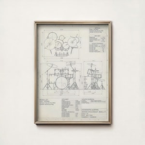 May include: Framed blueprint of a modern 5-piece drum kit, Model X-77, with detailed schematics and measurements. The drawing includes the material list, data sheet, and acoustic properties. The frame is gold.