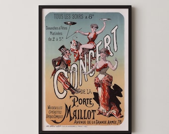 Könnte beinhalten: Gerahmtes Vintage-Konzertplakat mit Illustrationen von Künstlern. Das Plakat zeigt eine Frau, die Teller balanciert, und einen Clown. Der Text enthält "CONCERT DE LA PORTE MAILLOT" und "AVENUE DE LA GRANDE ARMÉE 78".