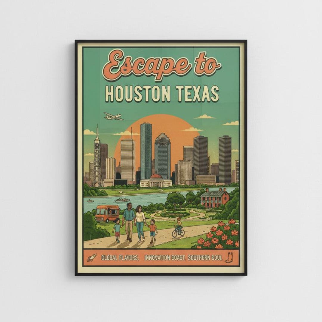 Retro Houston Texas Travel Poster Digital Print Vintage City Art - Etsy