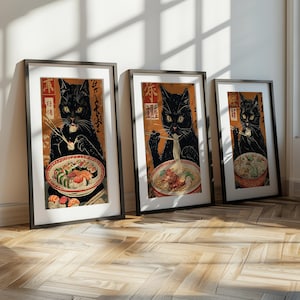 Vintage Black Cat Print Art Bundle - Japanese Printable Posters Set of 3, Kitchen Wall Decor, Instant Download, Cat Lover Gift