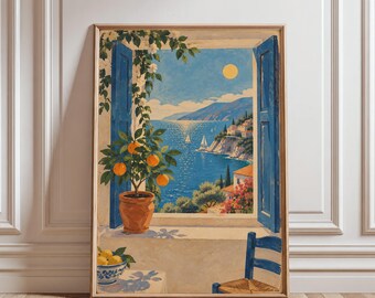 Vintage Mediterranean Coastal View Print, Amalfi Coast Window Wall Art, Italian Lemon Tree Decor, Travel Poster (Digital Download)