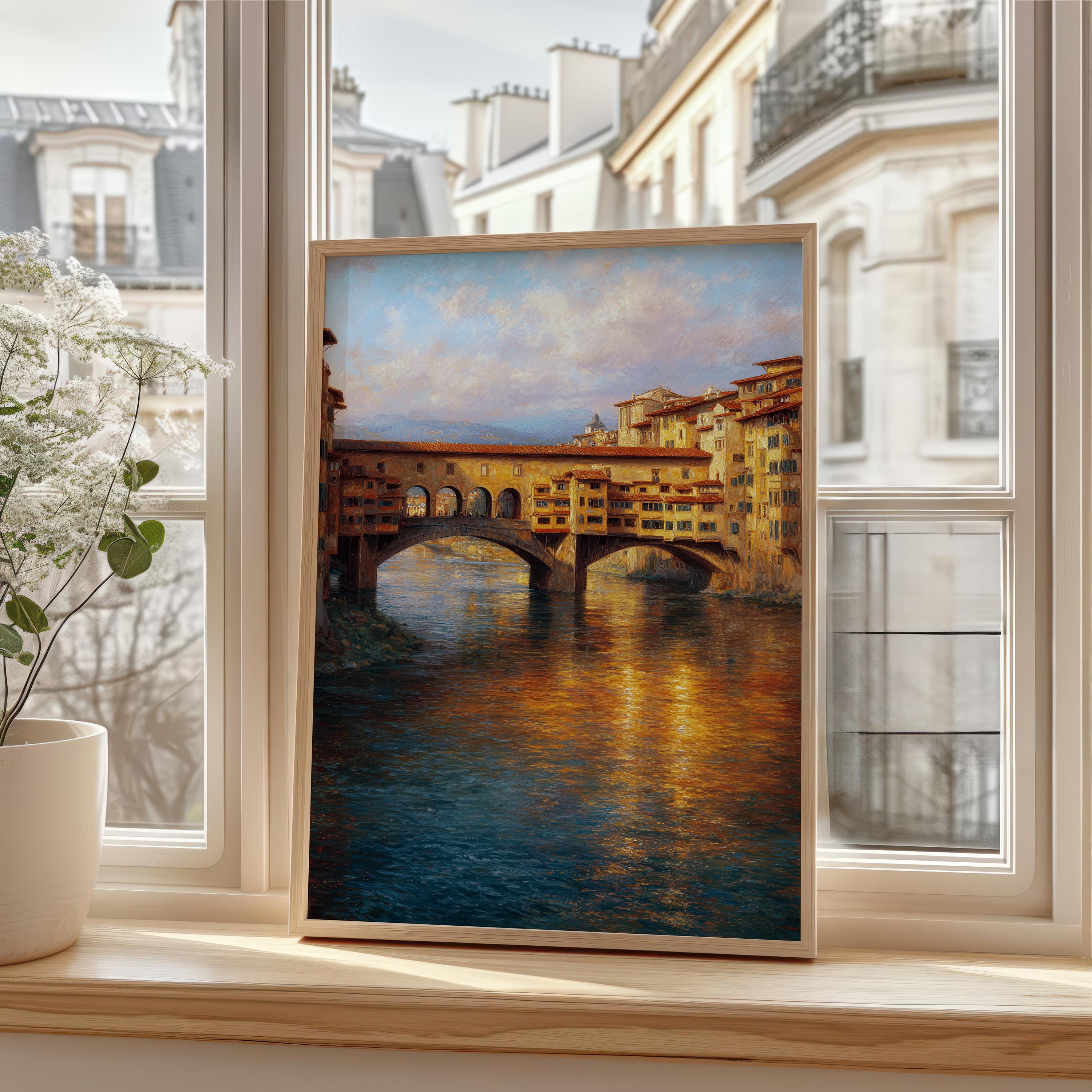 ヴィンテージフィレンツェのヴェッキオ橋の絵画、印刷可能なイタリアの