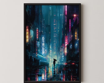 Street art néo-Tokyo pluvieux en téléchargement numérique Poster imprimable paysage urbain japonais