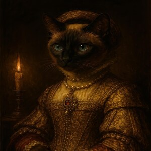 Siamese Pet Portrait Printable - Regal Renaissance Courtesan Wall Art, Dark Moody Pet Decor, Instant Digital Download