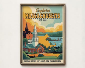 Vintage Massachusetts Travel Poster Wall Art, Boston New England Decor, Digital Download