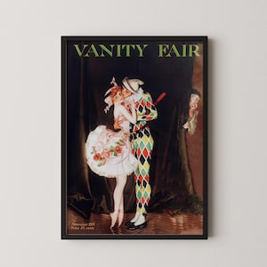 A vintage 1914 Vanity Fair cover print showing a Harlequin in a diamond-patterned suit kissing a ballerina in a white tutu.