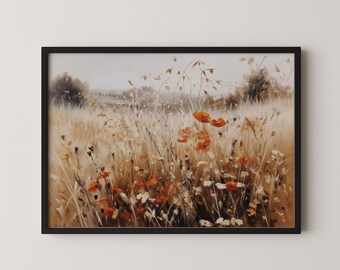 Vintage Wildflower Field Wall Art, Autumn Cottagecore Landscape Print, Digital Download Fall Decor