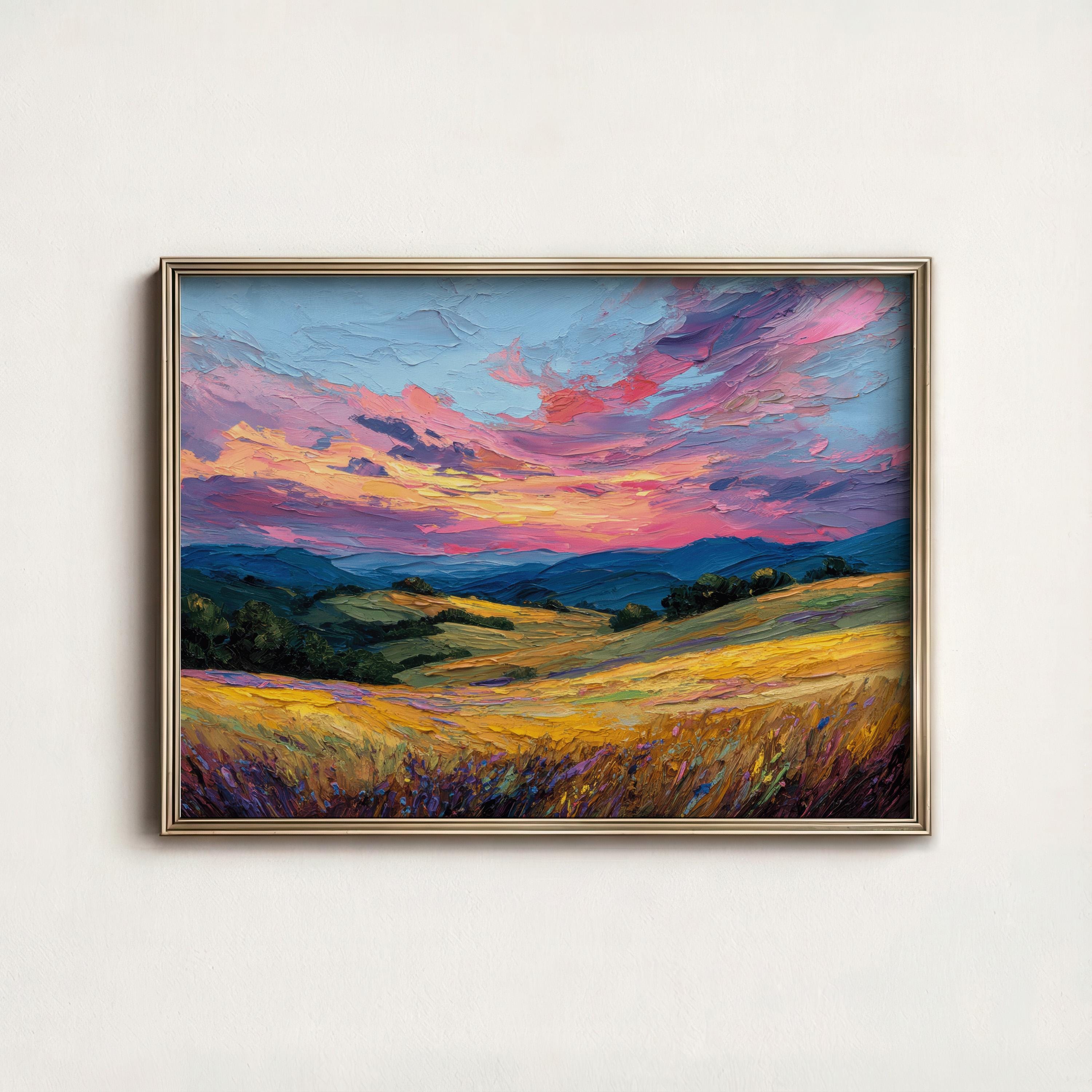 Textured Impasto Oil Painting: Pink Sunset, Rolling Hills (digital