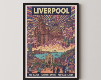 May include: A framed art print featuring a colorful illustration of Liverpool, England. The artwork showcases iconic buildings, a waterfront scene, and the text "LIVERPOOL" at the top. The bottom of the print reads "THE BEATLES • MARITIME HERITAGE • FOOTBALL PASSION."